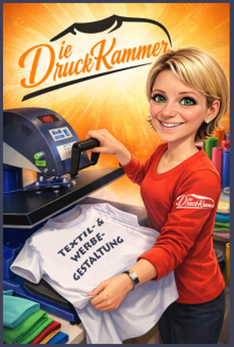 Die Druckkammer: Illustration einer Mitarbeiterin an der Transferpresse mit einem bedruckten T-Shirt