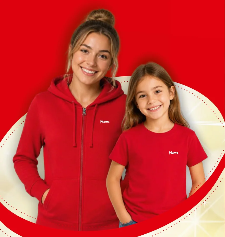 Frau und Mädchen in roten Tanzmäuse-Sweatjacken und -T-Shirts